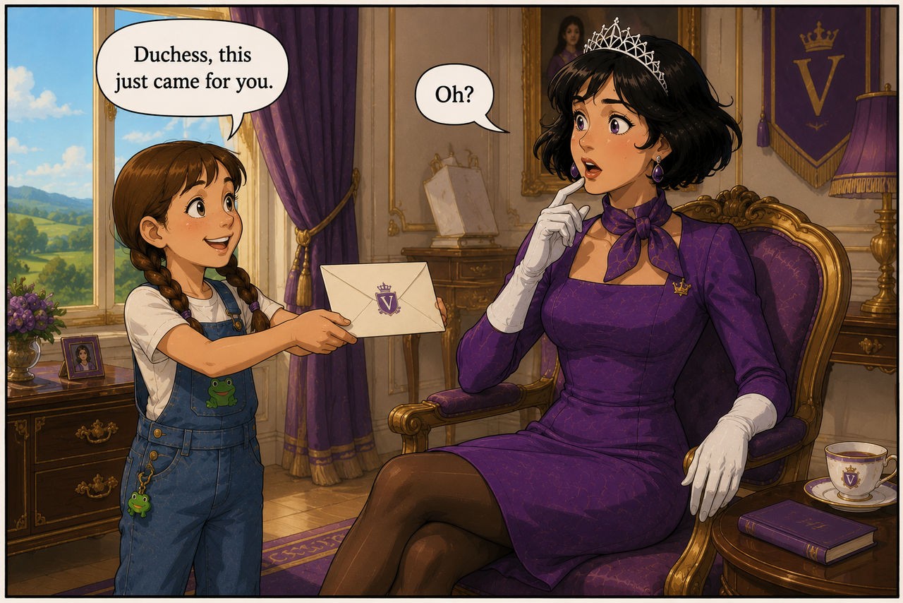 A young girl with pigtails in denim overalls holds out an envelope to a woman with a tiara and purple dress, who sits in a fancy gold chair with a surprised expression.