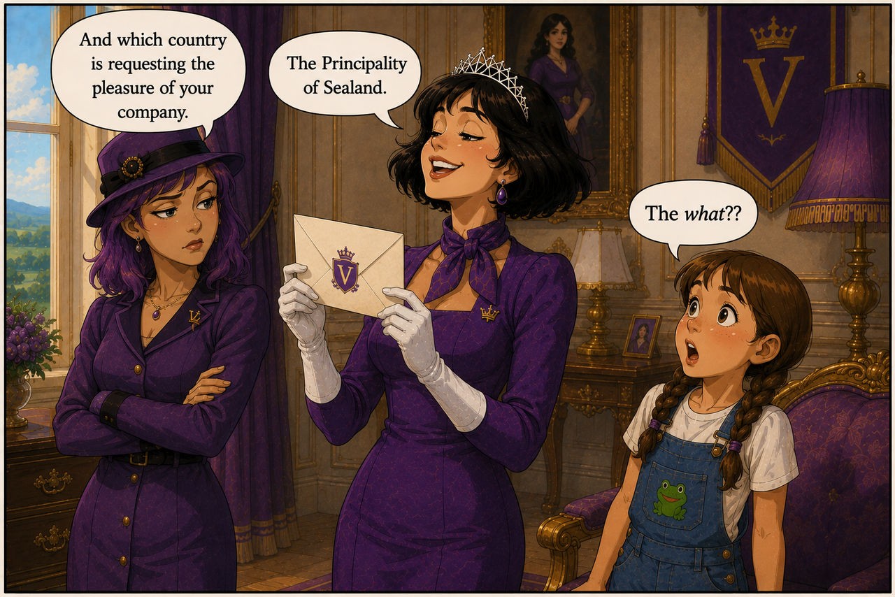 A woman with purple hair wearing a purple hat and dress, with her arms crossed, asks a woman in a purple dress and tiara, holding an envelope, about a country, as a young girl with pigtails wearing denim overalls looks on in shock.