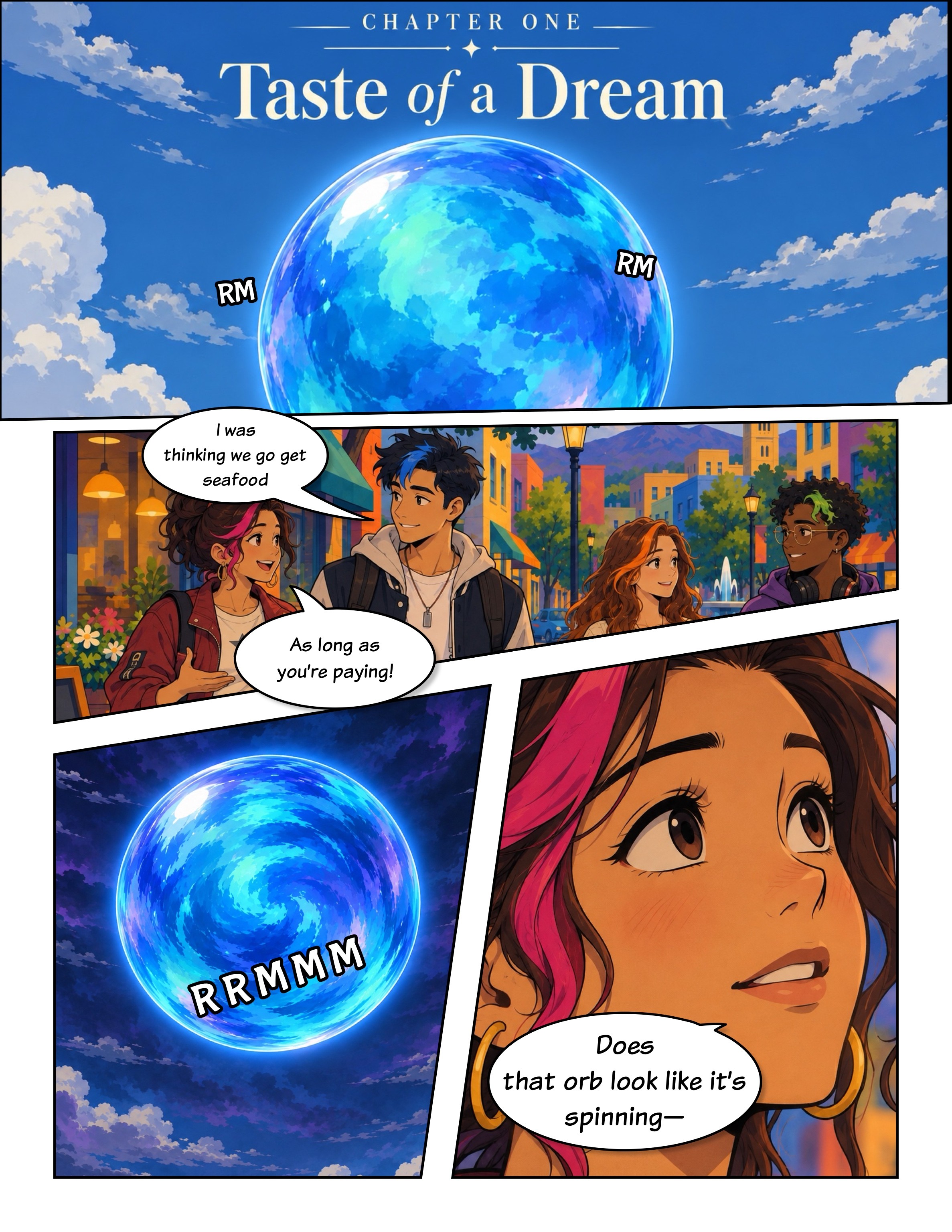 The title card "Taste of a Dream" appears above a large blue orb floating in the sky, while a group of four friends walks together in front of colorful buildings, and one of the friends looks up at a smaller, swirling blue orb with concern.