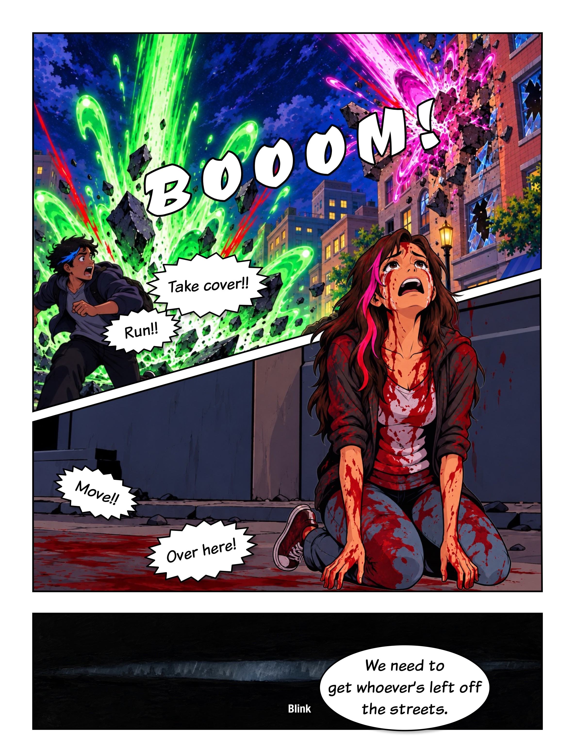 In a city street at night, a man runs from a green explosion on the left while a woman covered in blood kneels on the right as a pink explosion destroys the building behind her, with a dark panel at the bottom showing only text.