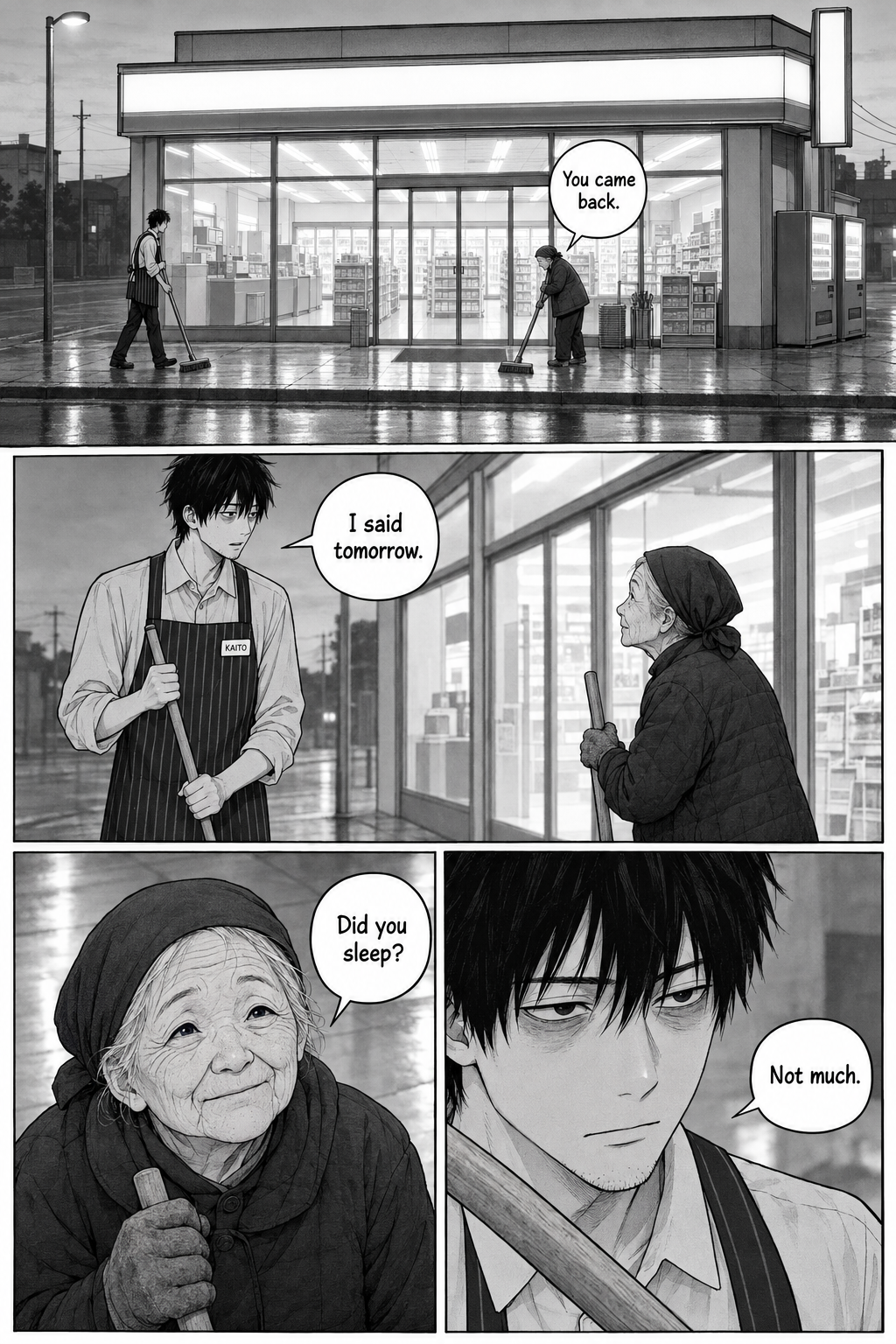 Kaito and an elderly woman stand outside a brightly lit convenience store on wet pavement, each holding a broom as they talk.
