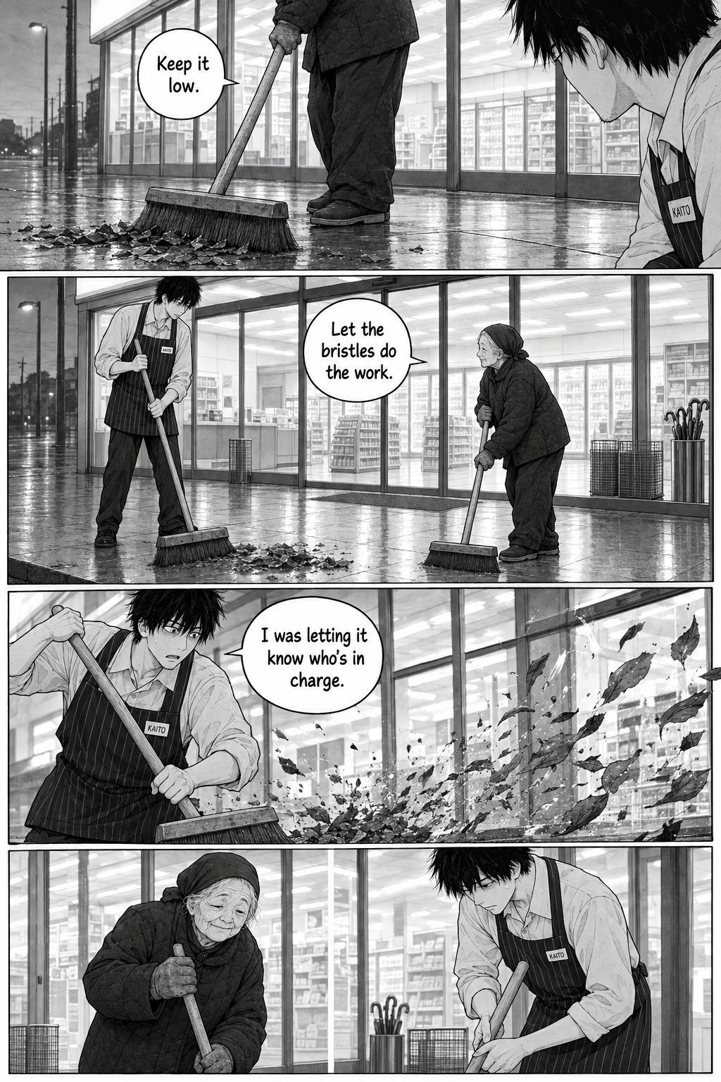 Kaito and an elderly woman sweep a slick reflective floor with push-brooms as damp leaves scatter around them.