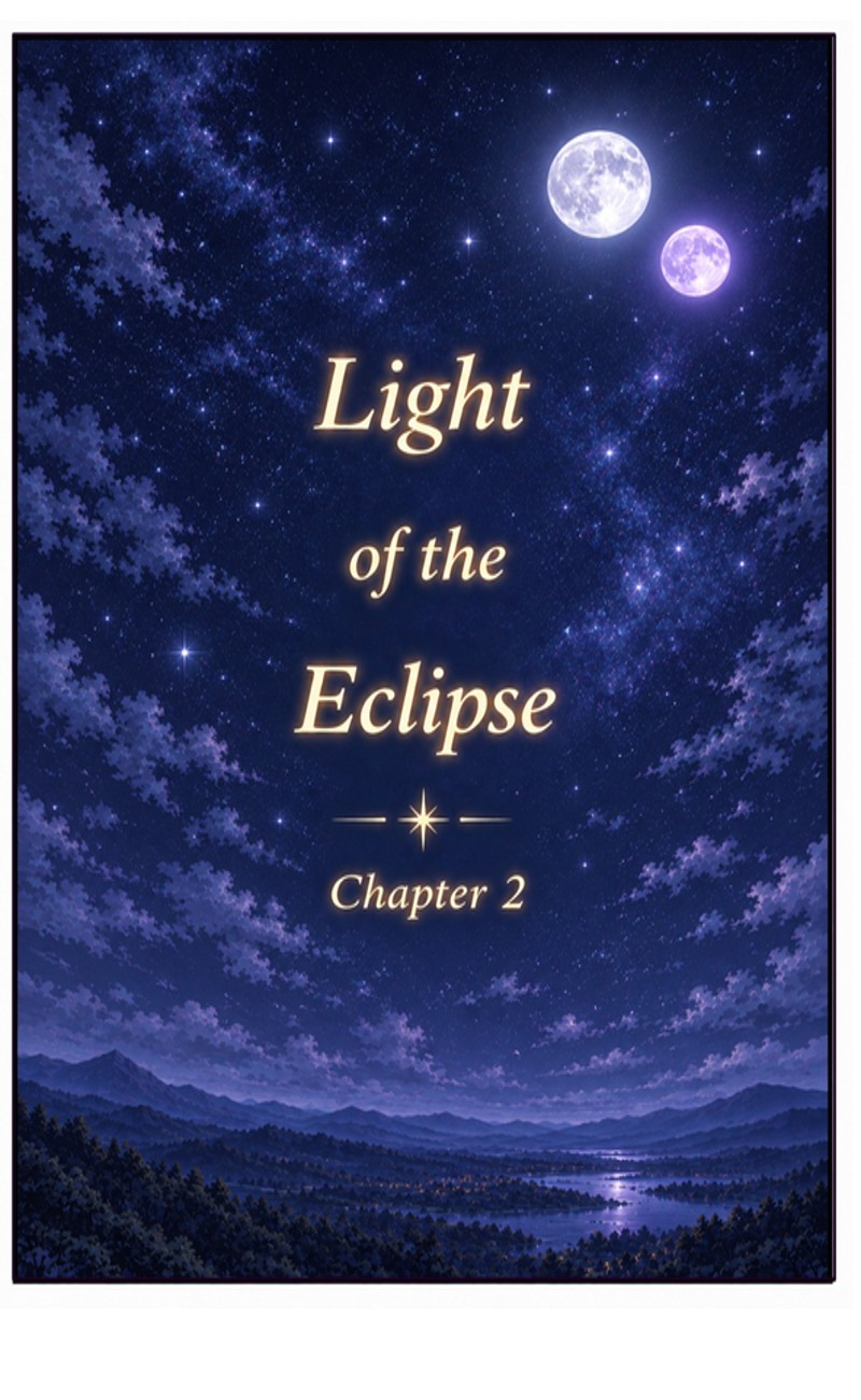 A starry night sky with two moons hangs over distant mountains, a lake, and dark trees beneath the title “Light of the Eclipse,” with “Chapter 2” below.