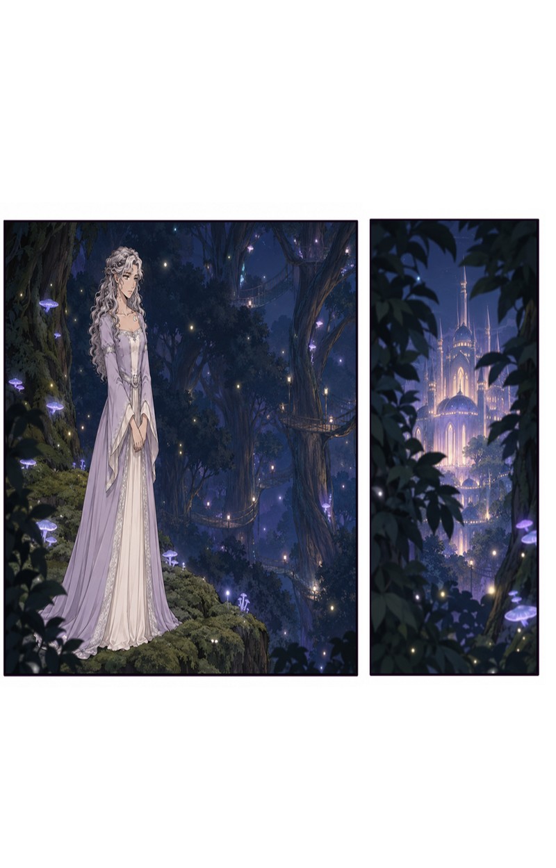 A silver-haired woman in a long pale gown stands on a mossy ledge in a glowing night forest, while a distant illuminated castle rises beyond the trees.