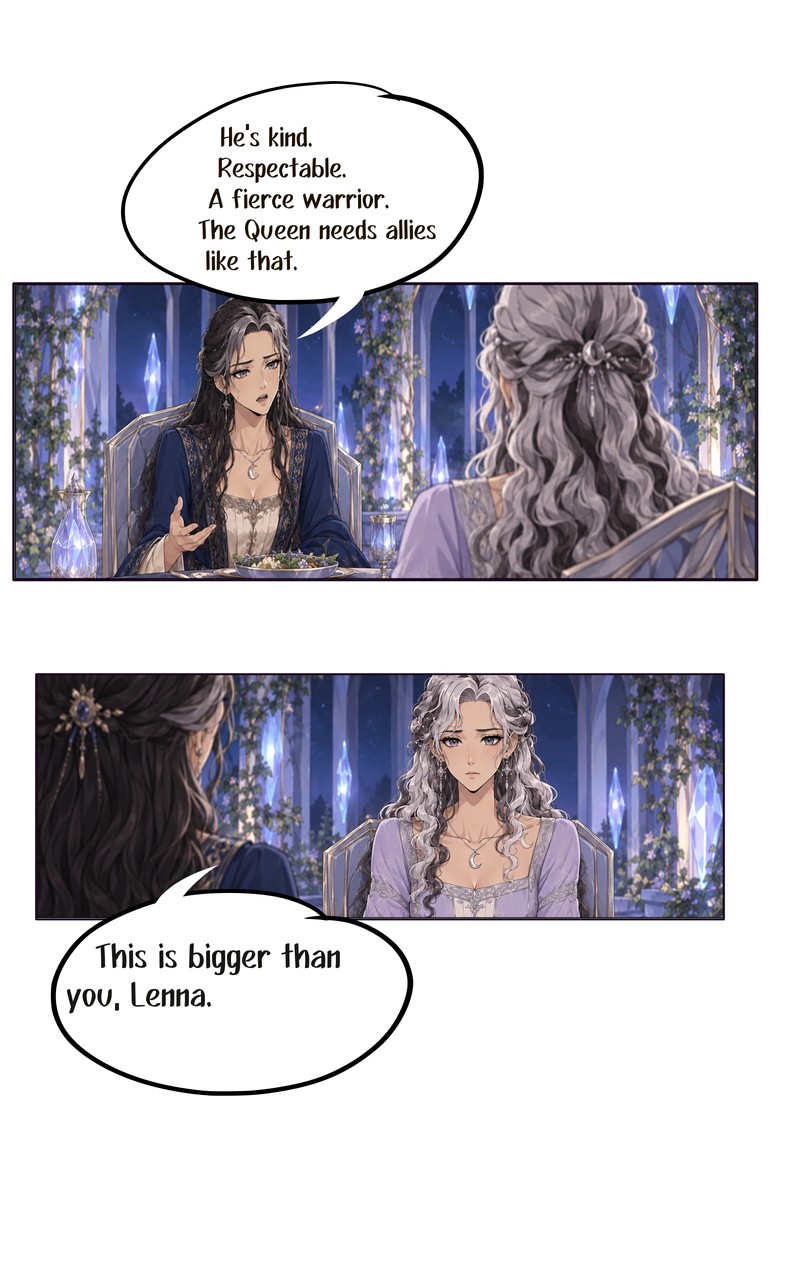 A dark-haired woman gestures across a table toward a silver-haired woman seated opposite her in a room decorated with vines and glowing crystals.