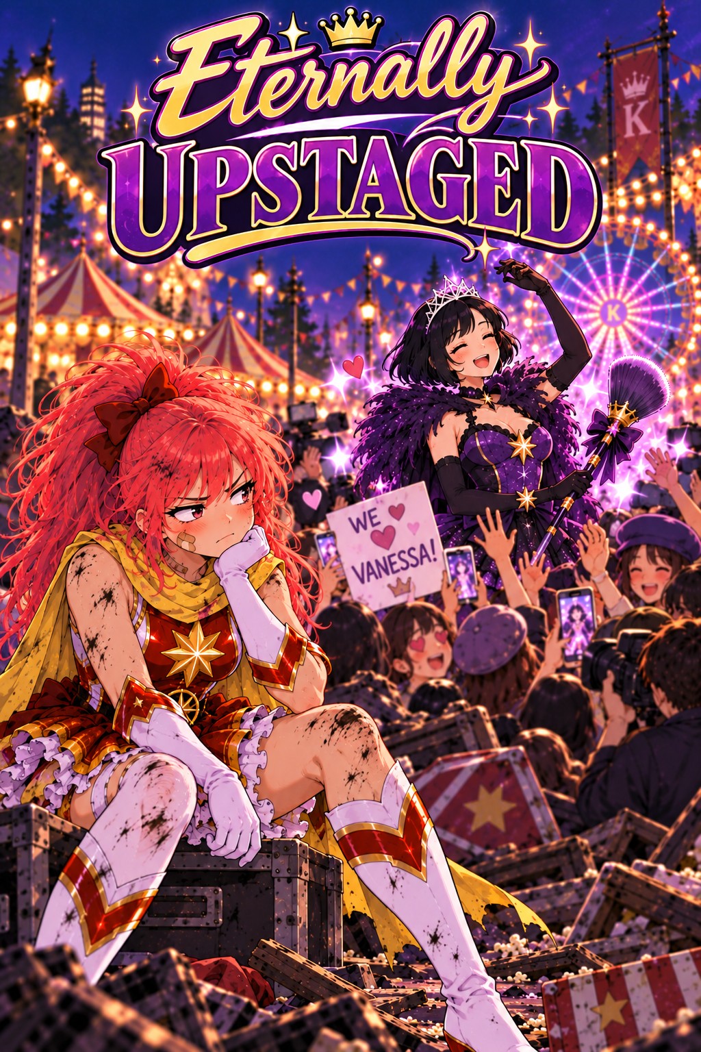 A red-haired woman in a red-and-gold outfit lounges across equipment cases while a black-haired woman wearing a tiara and purple dress waves above a cheering crowd holding phones and a “WE ♥ VANESSA!” sign.