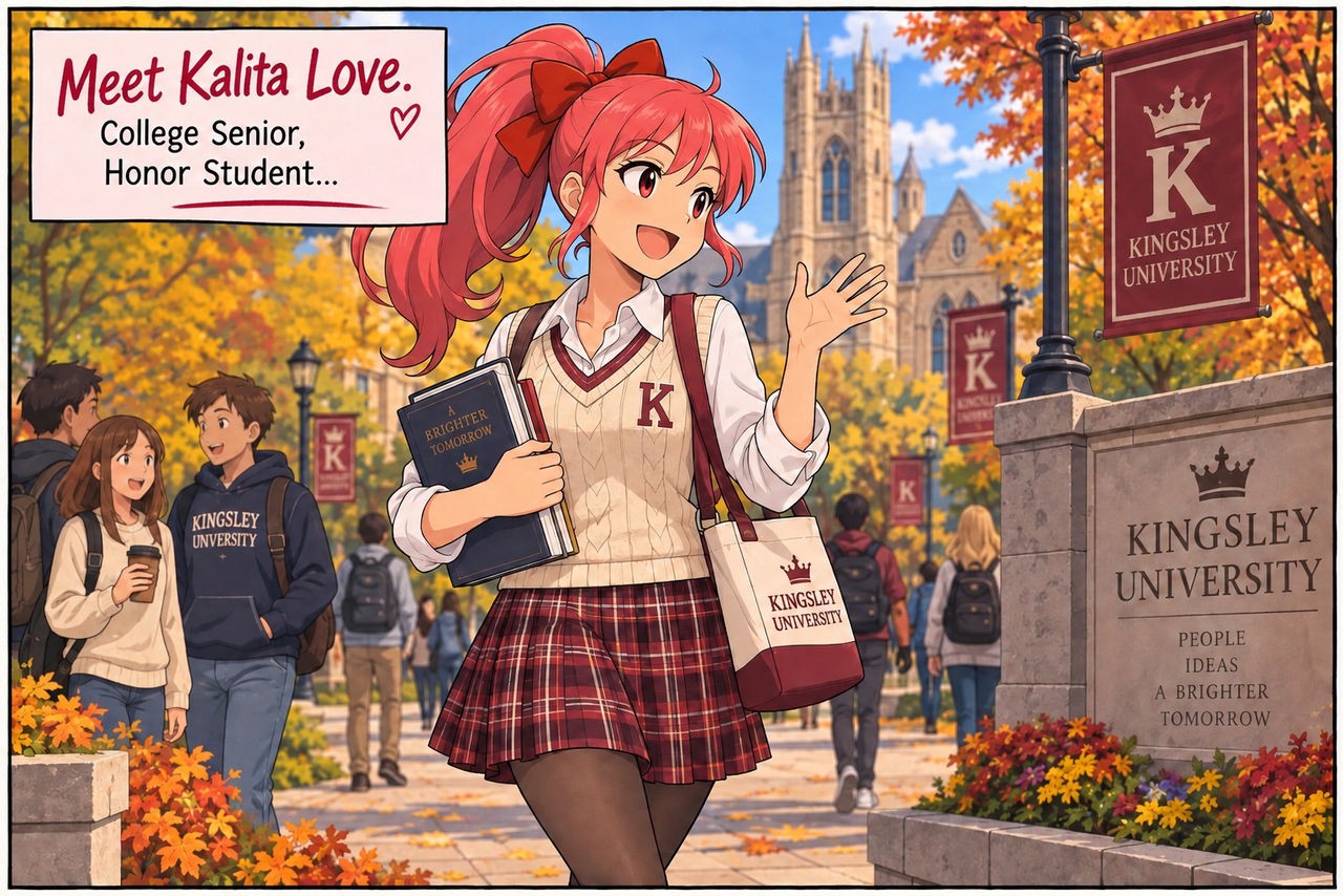 A red-haired student in a school uniform holds a book and a university tote while waving on an autumn campus, with other students and university signs behind her.