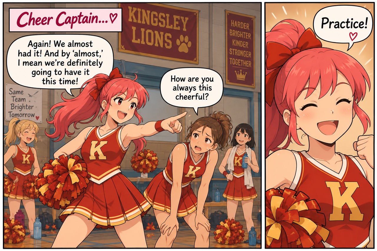 A red-haired cheerleader in a red-and-gold uniform points toward a bent-over brown-haired teammate while two other cheerleaders stand behind them, then appears close-up with one fist raised as she says, “Practice!”