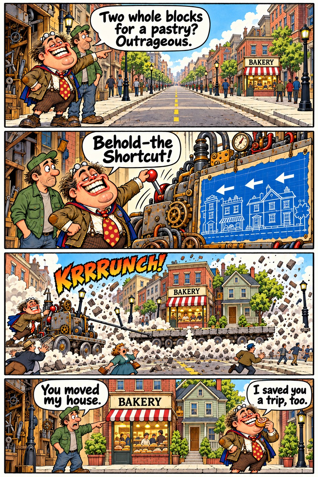 Outside a workshop, a smug inventor unveils a street-moving machine while his skeptical neighbor watches. The device drags a bakery and nearby houses toward them, moving the neighbor’s house too.