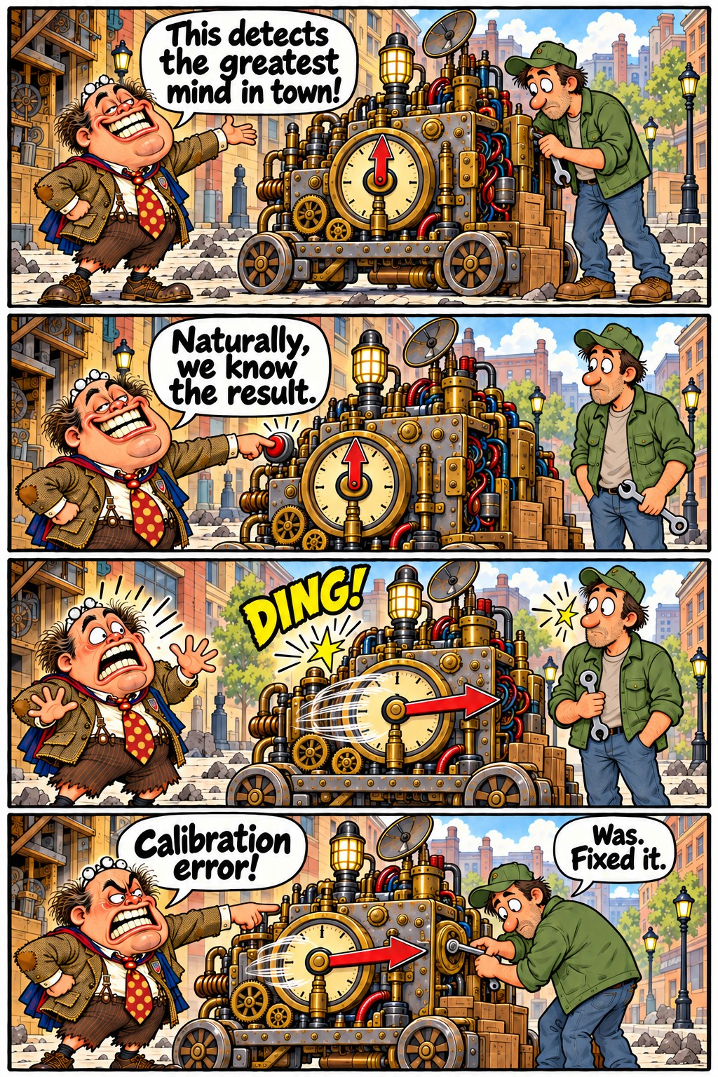 The inventor boasts about a giant brass detector. The neighbor adjusts it with a wrench; its pointer swings toward him, prompting the inventor to blame the calibration.