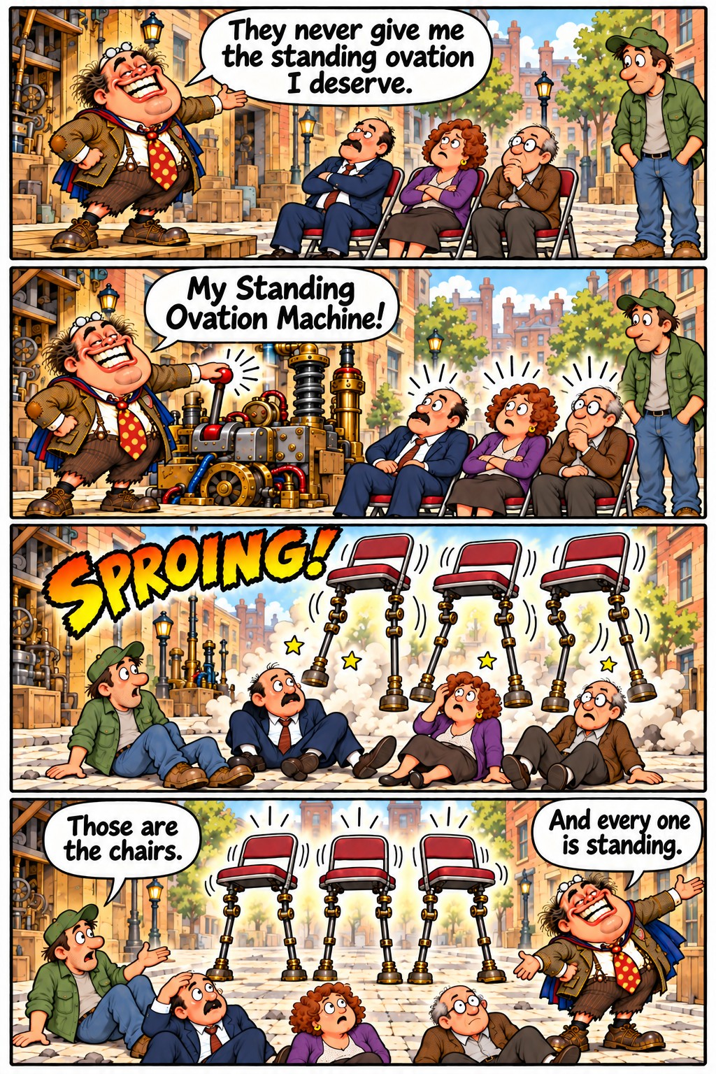 Before a seated audience, the inventor activates a machine that gives three empty chairs tall mechanical legs. The three people sit on the pavement while their chairs stand upright.