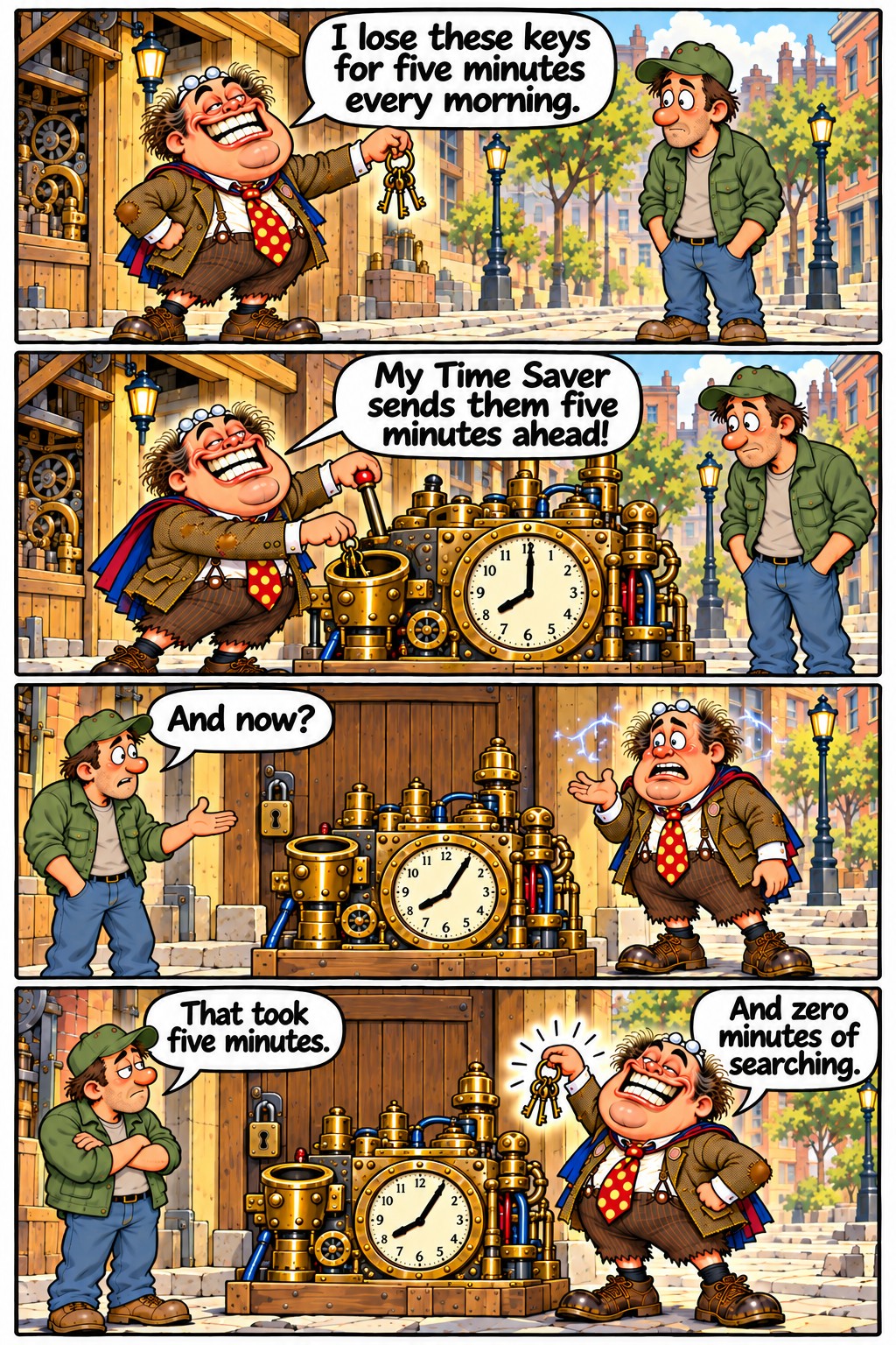 Outside his workshop, the inventor puts his keys into a brass time machine set five minutes ahead. He waits by the locked door until the keys reappear, proud that he did not search for them.